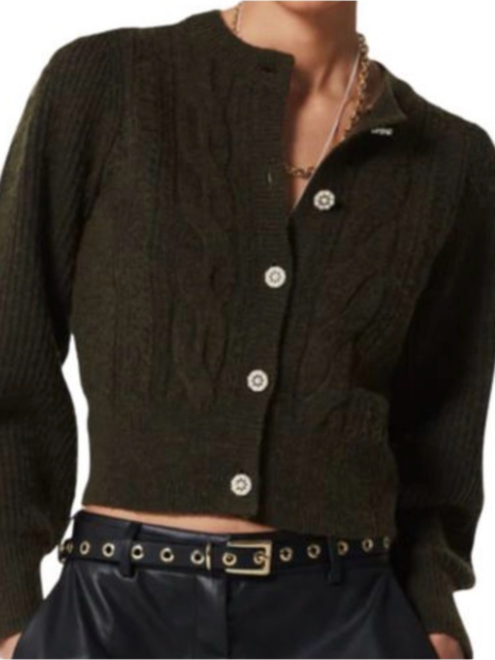 Women's Dark Green Cable Knit Button Cardigan Sweater